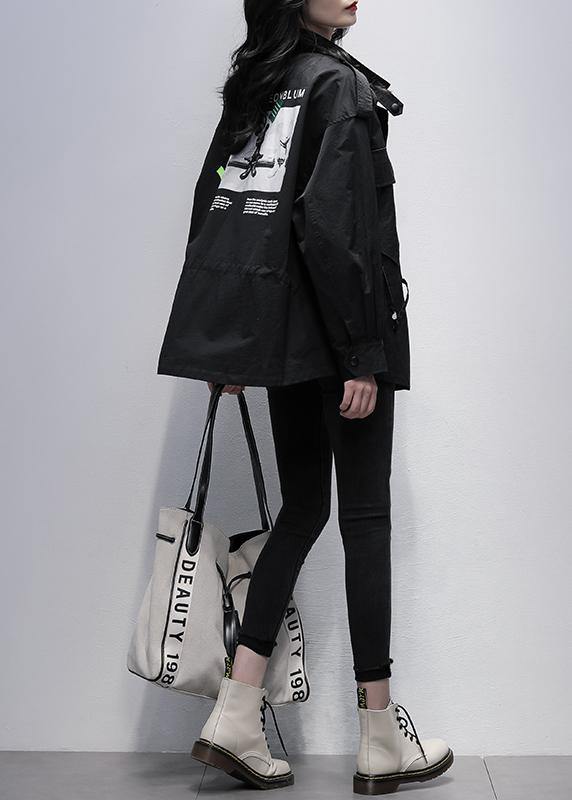 Style stand collar pockets  tunic coat black print loose outwears - SooLinen