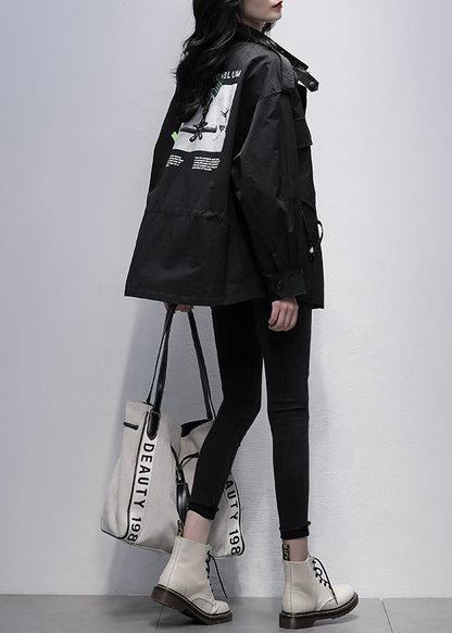 Style stand collar pockets  tunic coat black print loose outwears - SooLinen