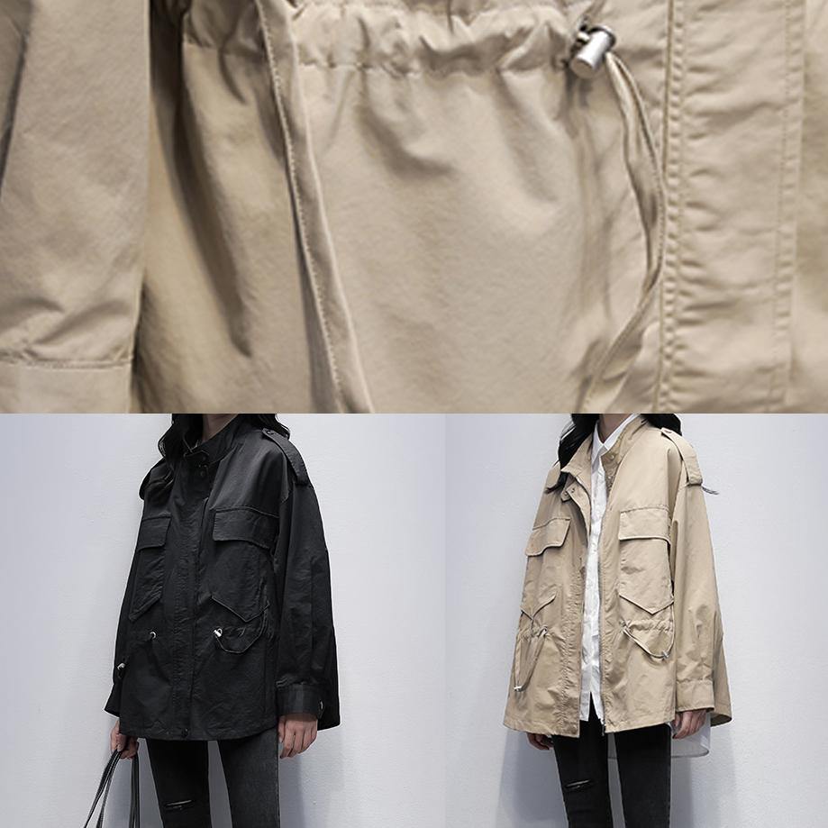 Style stand collar pockets  tunic coat black print loose outwears - SooLinen