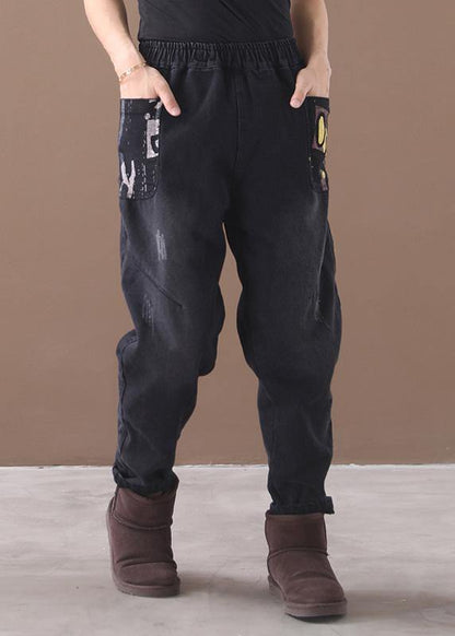 Style thick pants elastic waist black design Appliques women pants - SooLinen