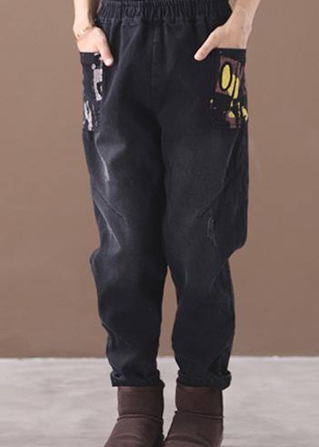 Style thick pants elastic waist black design Appliques women pants - SooLinen