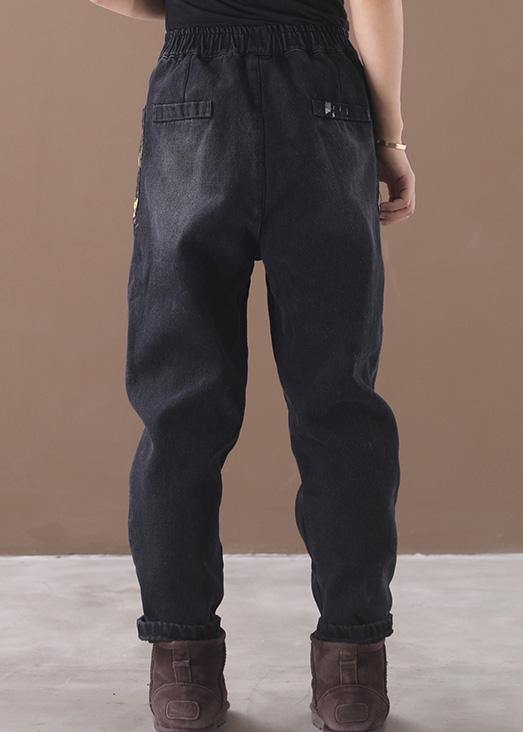 Style thick pants elastic waist black design Appliques women pants - SooLinen