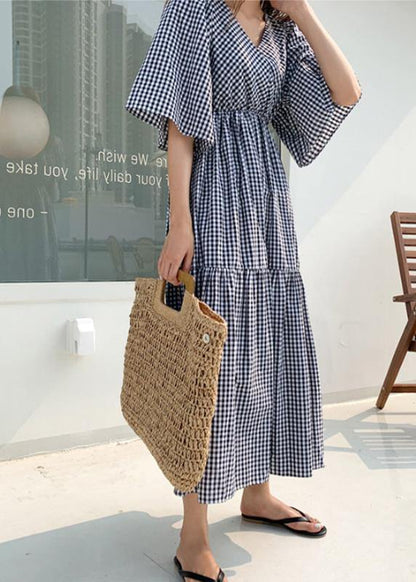Style v neck Ruffles linen cotton summer quilting dresses Work plaid Dress - SooLinen