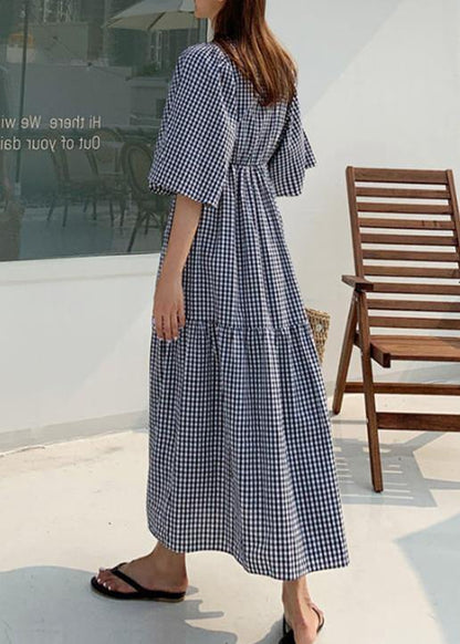 Style v neck Ruffles linen cotton summer quilting dresses Work plaid Dress - SooLinen