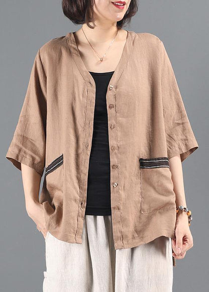 Style v neck pockets Shirts Work khaki women coat - SooLinen