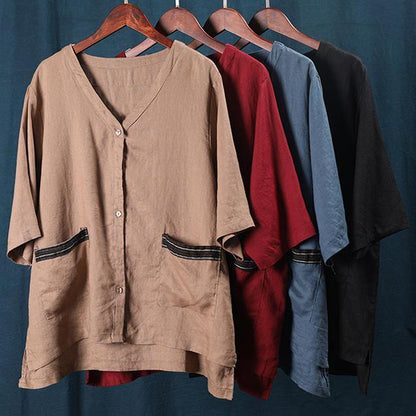 Style v neck pockets Shirts Work khaki women coat - SooLinen