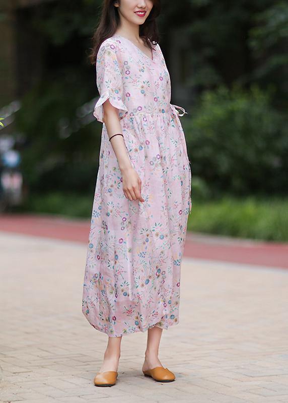 Style v neck tie waist linen Long Shirts Outfits pink print Dress - SooLinen