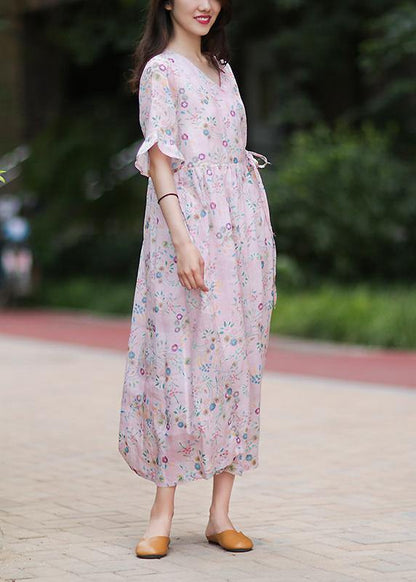 Style v neck tie waist linen Long Shirts Outfits pink print Dress - SooLinen