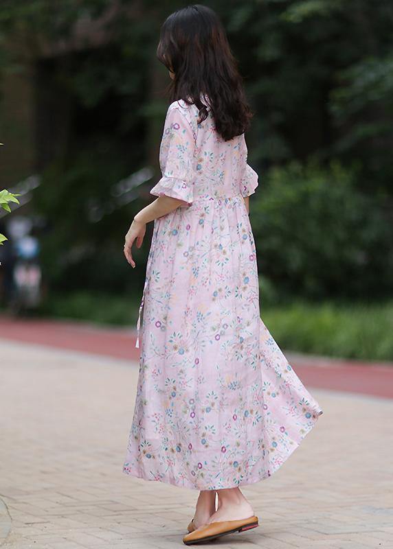 Style v neck tie waist linen Long Shirts Outfits pink print Dress - SooLinen