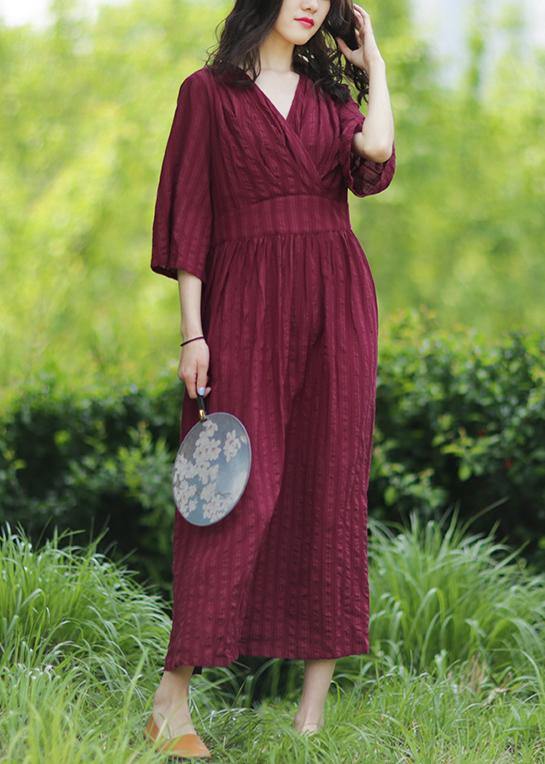 Style v neck tie waist linen clothes Fashion Ideas burgundy Dresses - SooLinen