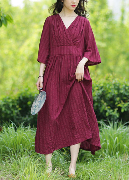 Style v neck tie waist linen clothes Fashion Ideas burgundy Dresses - SooLinen