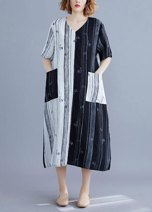 Style white Long v neck patchwork Traveling summer Dress - SooLinen