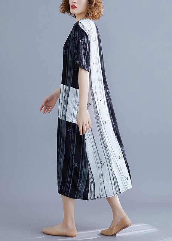 Style white Long v neck patchwork Traveling summer Dress - SooLinen