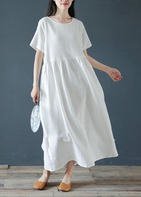 Style white linen cotton dresses o neck Jacquard Dresses  Dresses - SooLinen