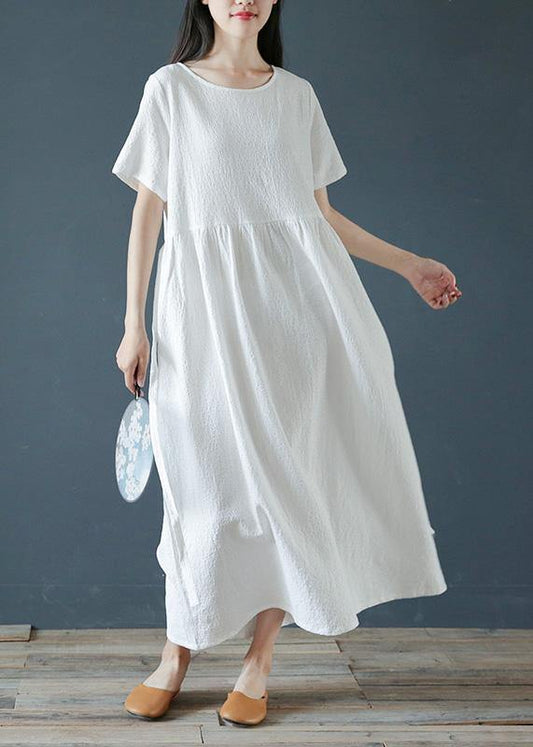 Style white linen cotton dresses o neck Jacquard Dresses  Dresses - SooLinen