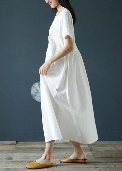 Style white linen cotton dresses o neck Jacquard Dresses  Dresses - SooLinen