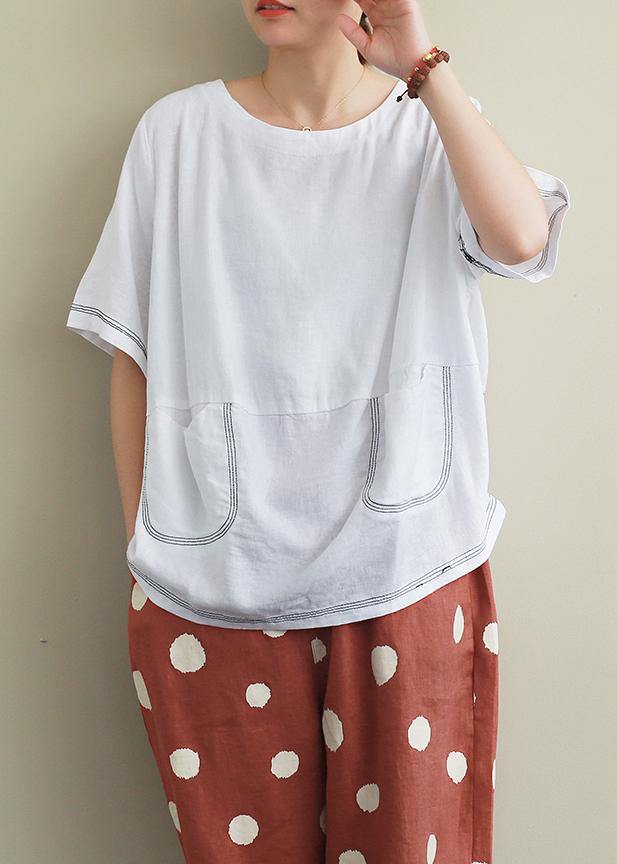 Style white linen crane tops Sewing o neck Open wire decoration summer shirts - SooLinen