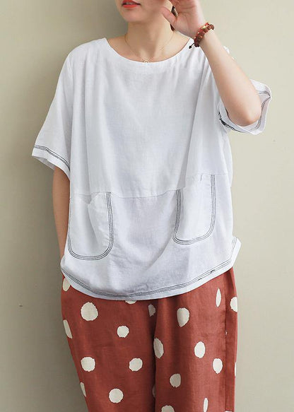 Style white linen crane tops Sewing o neck Open wire decoration summer shirts - SooLinen