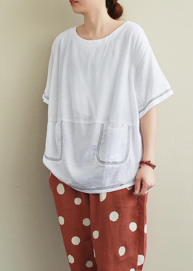 Style white linen crane tops Sewing o neck Open wire decoration summer shirts - SooLinen