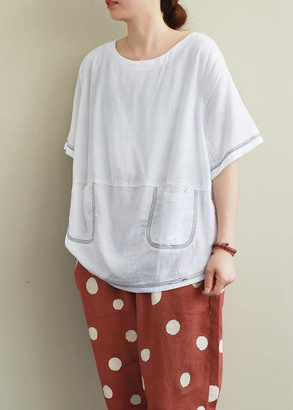 Style white linen crane tops Sewing o neck Open wire decoration summer shirts - SooLinen