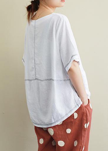 Style white linen crane tops Sewing o neck Open wire decoration summer shirts - SooLinen