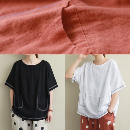 Style white linen crane tops Sewing o neck Open wire decoration summer shirts - SooLinen