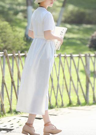 Style white linen quilting dresses tie waist Robe summer Dresses - SooLinen