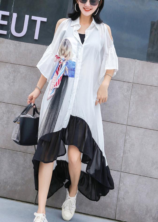 Style white off the shoulder cotton Tunics asymmetric hem Maxi summer Dresses - SooLinen