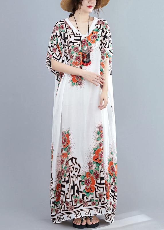 Style white print dress v neck Batwing Sleeve long Dresses - SooLinen