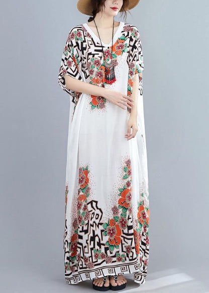Style white print dress v neck Batwing Sleeve long Dresses - SooLinen
