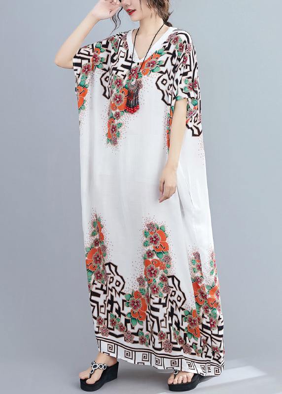 Style white print dress v neck Batwing Sleeve long Dresses - SooLinen