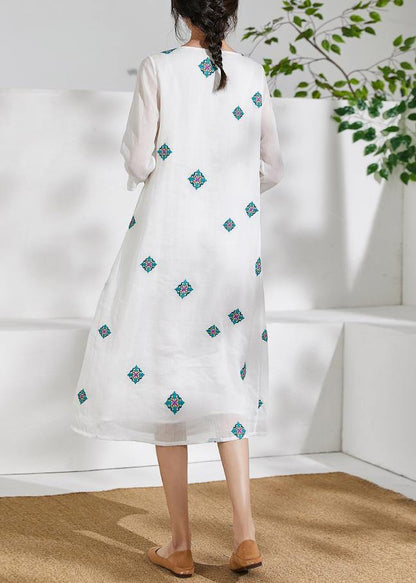 Style white prints linen clothes For Women bracelet sleeved Kaftan o neck Dresses - SooLinen