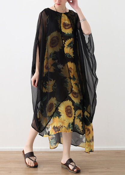 Stil gelb print chiffon kleidung Mode Ausschnitt o neck falsche zwei stücke Kunst Sommer Kleid