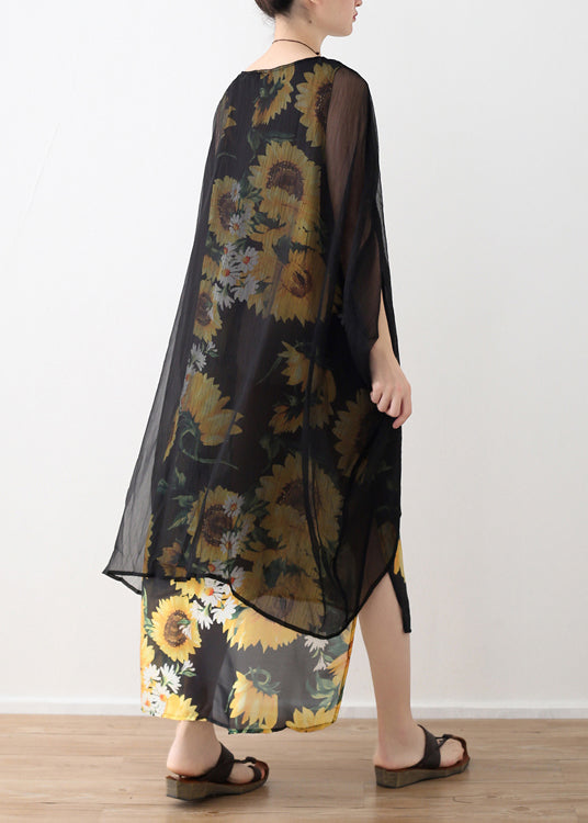 Stil gelb print chiffon kleidung Mode Ausschnitt o neck falsche zwei stücke Kunst Sommer Kleid