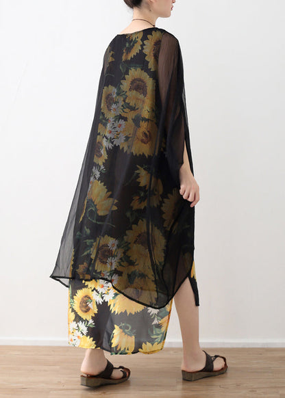 Stil gelb print chiffon kleidung Mode Ausschnitt o neck falsche zwei stücke Kunst Sommer Kleid