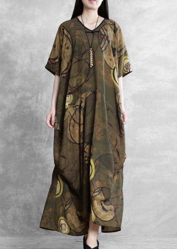 Style yellow print clothes For Women o neck asymmetric Kaftan Dress - SooLinen