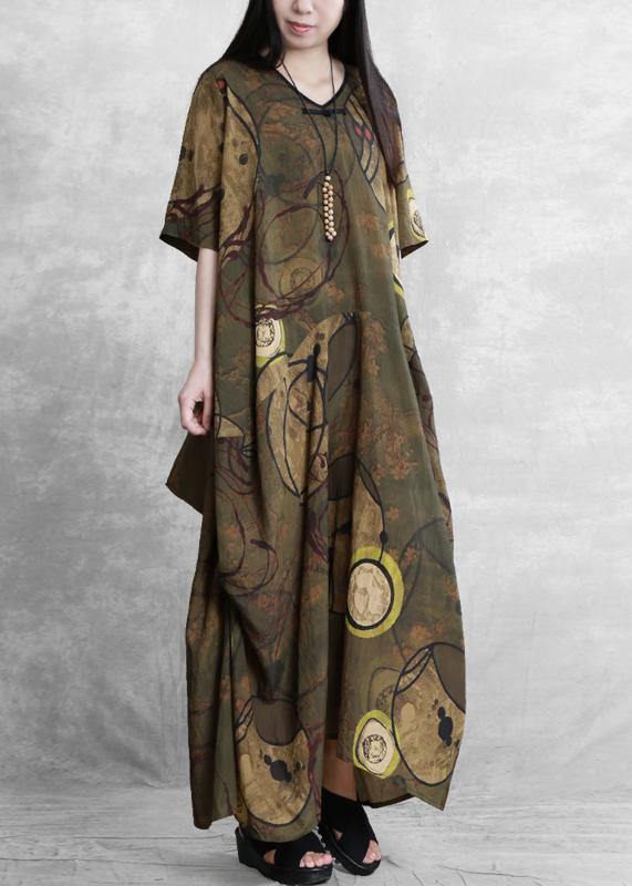 Style yellow print clothes For Women o neck asymmetric Kaftan Dress - SooLinen