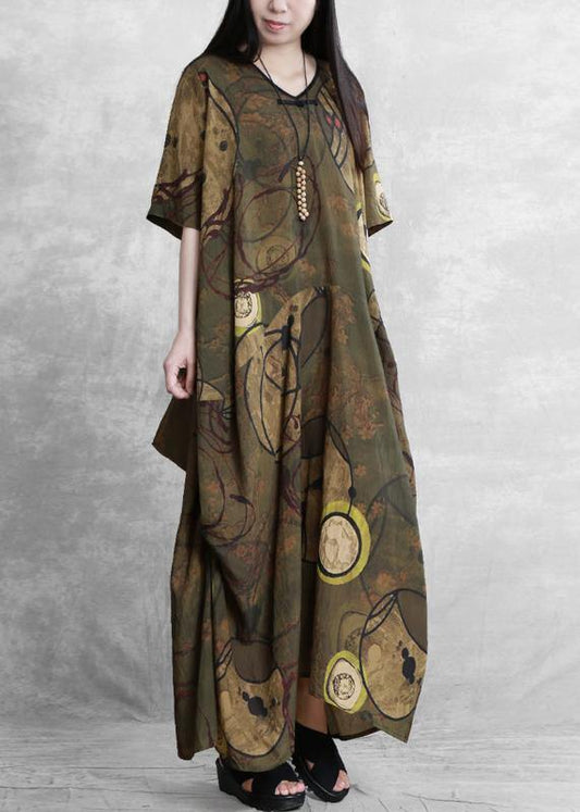 Style yellow print clothes For Women o neck asymmetric Kaftan Dress - SooLinen