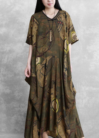 Style yellow print clothes For Women o neck asymmetric Kaftan Dress - SooLinen