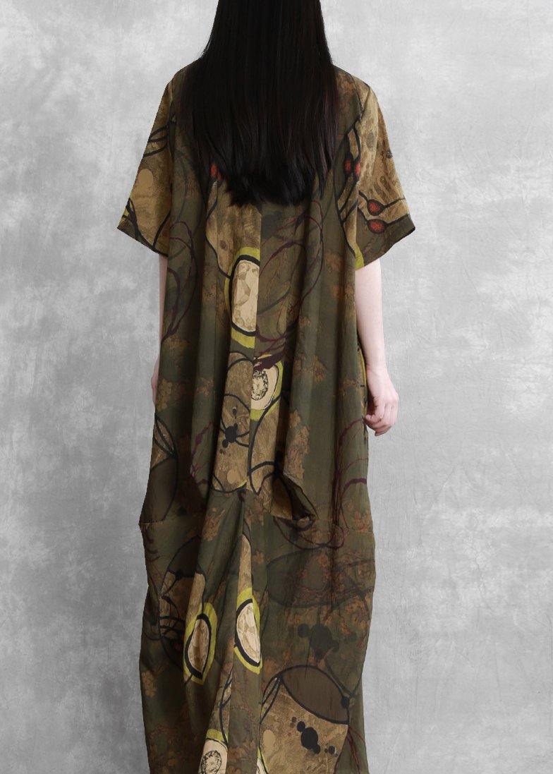 Style yellow print clothes For Women o neck asymmetric Kaftan Dress - SooLinen