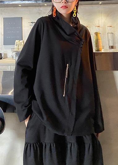 Style zippered Three-dimensional decoration tops women black baggy blouse - SooLinen