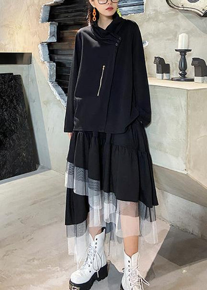 Style zippered Three-dimensional decoration tops women black baggy blouse - SooLinen