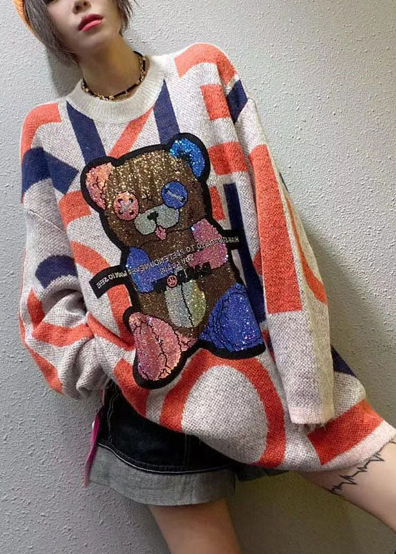 Stilvoller Apricot-O-Ausschnitt-Patchwork-Strickpullover für den Herbst