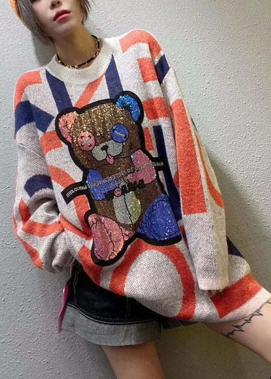 Stilvoller Apricot-O-Ausschnitt-Patchwork-Strickpullover für den Herbst