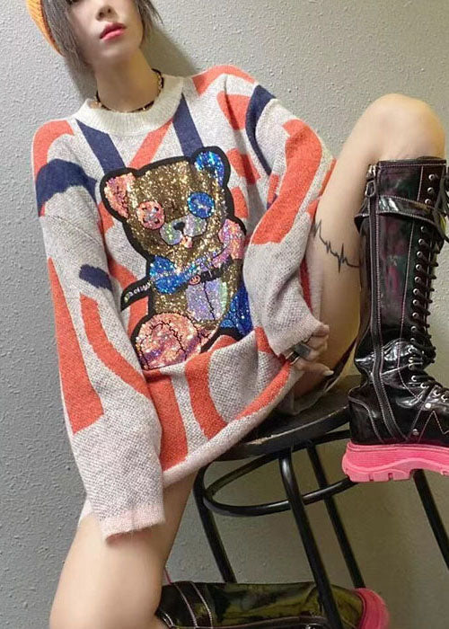 Stilvoller Apricot-O-Ausschnitt-Patchwork-Strickpullover für den Herbst