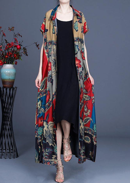 Stylish  Red Grey Print Summer Peter Pan Collar Cardigan Long - SooLinen