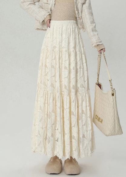 Stylish Apricot Lace High Waist Warm Fleece Maxi Skirts