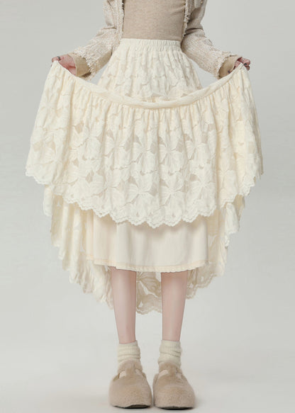 Stylish Apricot Lace High Waist Warm Fleece Maxi Skirts