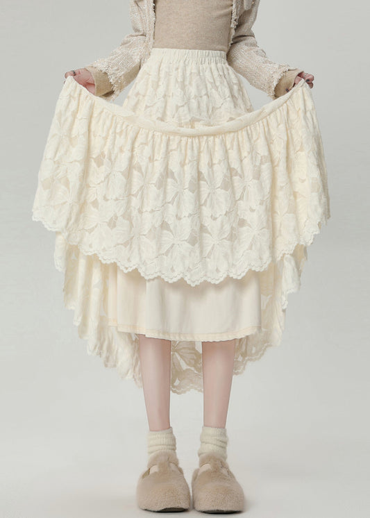 Stilvolle aprikosenfarbene Maxiröcke aus Spitze, hochtailliert und warm gefüttert