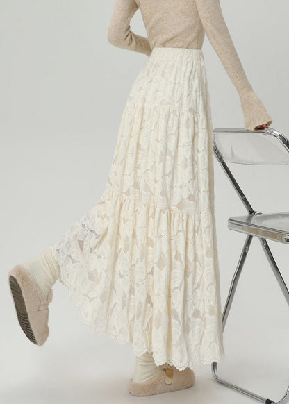 Stylish Apricot Lace High Waist Warm Fleece Maxi Skirts